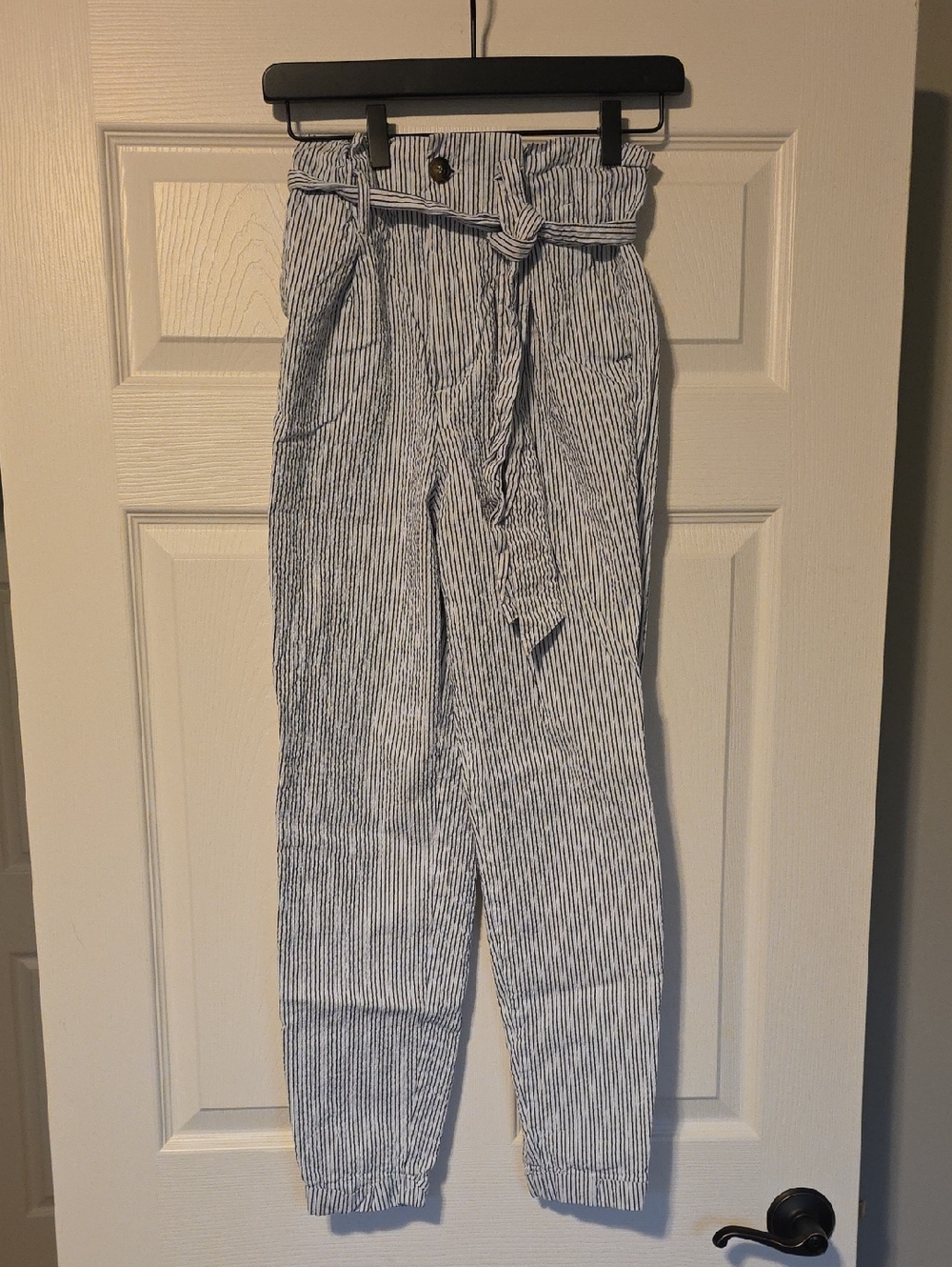 H&M Blue & White Striped Paperbag Waist Skinny Pants